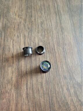 Pair of Black Steel Ear Gauges with Iridescent Gemstone